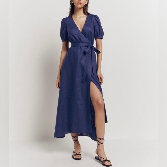 Reformation Dresses & Skirts - Reformation Weiss Linen Short Sleeve V Neck Wrap Midi Dress